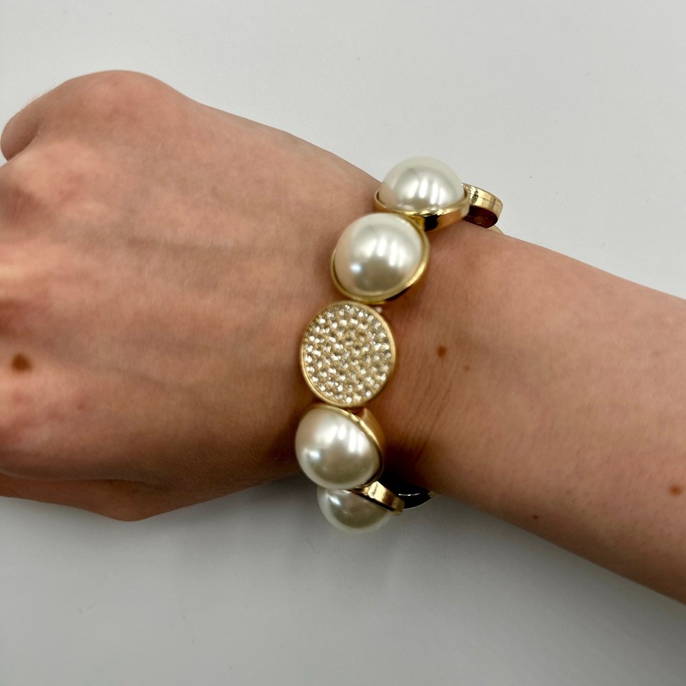 Chunky Faux Pearl Rhinestone Stretch Bracelet Gold Tone Statement Dome Bling - Picture 7 of 7